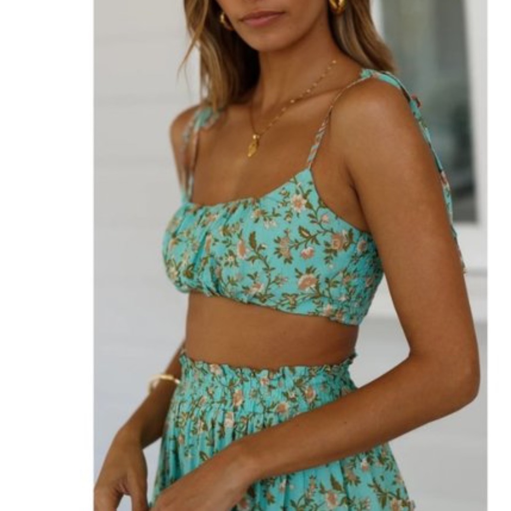 Bohemian Mint Green Floral Print crop top Ruffle Mini Skirt Set - Picture 5 of 5